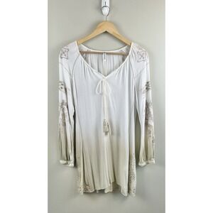 Monoreno Women's Sz S Ombre‎ White Beige Bohemian Tunic Dress Embroidery Tassel